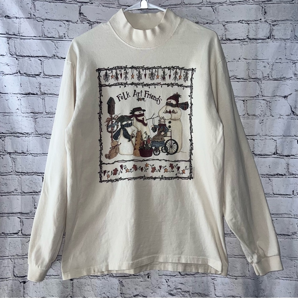 Vintage Women’s Folk Art Vermont Cotton Long Sleeve Mock Turtleneck Top Medium